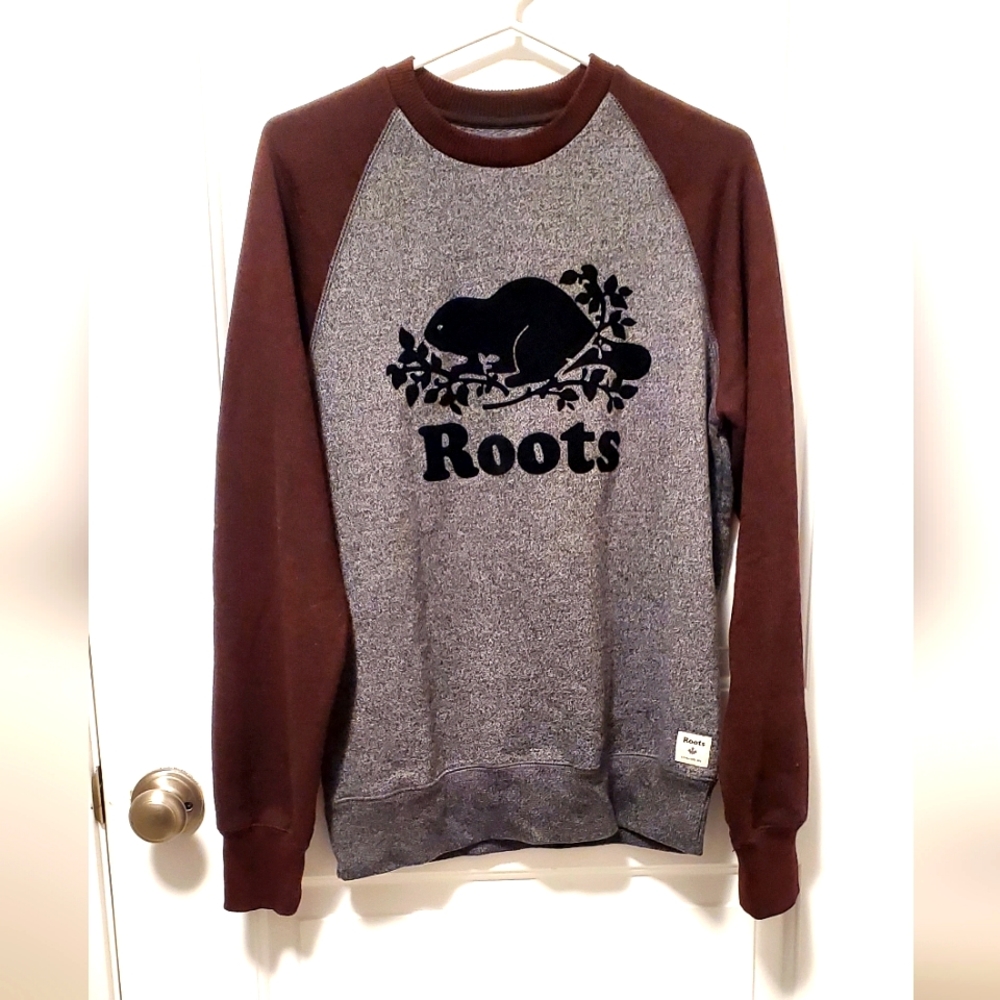 2/$95 Roots crew neck - Heathered iconic salt and pepper, Ragalan maroon sleeves